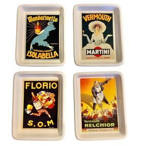 Pottery Barn Vintage Cocktail Poster Relish Small Trays Set of 4 Ceramic